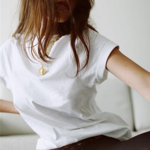 Narrow Shoulders Solid Simple Soft O neck Embroidery Logo Short-sleeved T-shirt