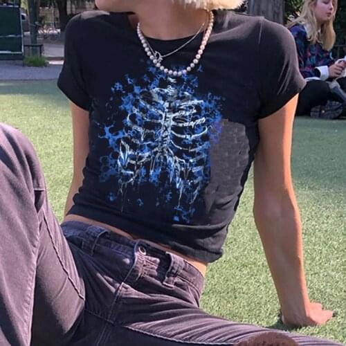 Punk streetwear 90s vintage short-sleeved T-shirt female gothic Harajuku grunge graphic print y2k aesthetic crop top summer slim