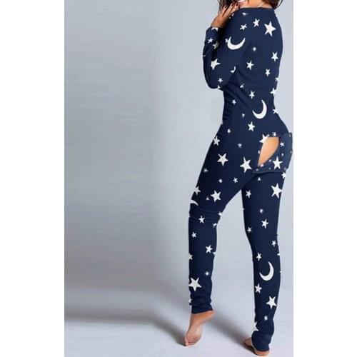 Womens Sexy Pajamas Functional Buttoned Flap Adults Nightwear Button-down Front Deep V-neck Jumpsuit Long Sleeve Home Sleepwear