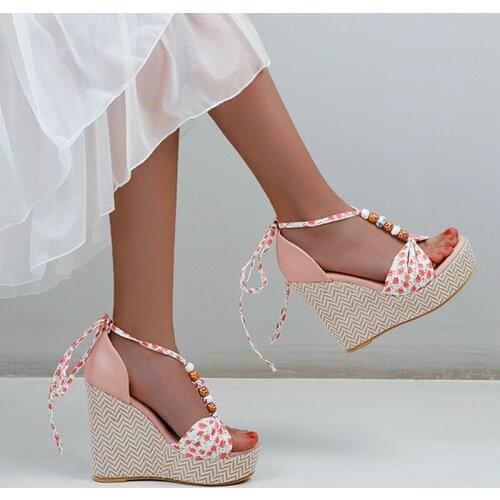 Black Pink Khaki Platform Wedges High Heel Women Sandals Open Toe Lace Up Womens Shoes PU Leather Dress Ladies Shoes