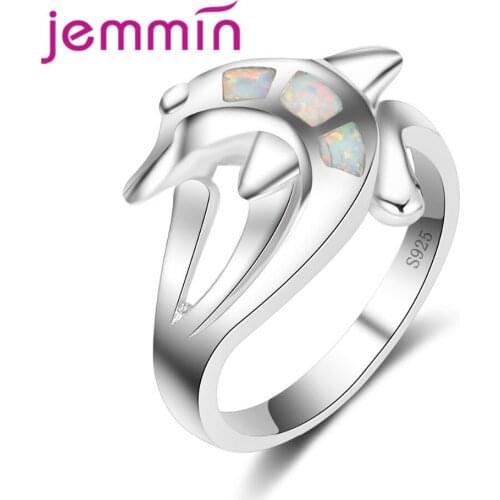 Cute Dolphin Ring White Fire Opal Jewelry Ring Silver Color Jewelry for Women Wedding Rings New