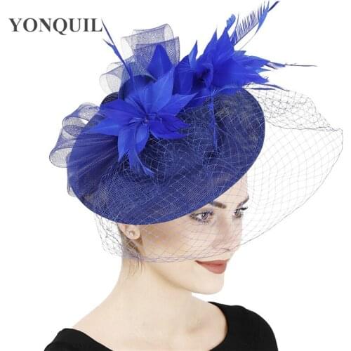 Royal blue Bride Mesh Headwear Women Elegant Derby Fascinator Hat Nice Feather Flower Fedora Cap Headband Veils Hair Accessories