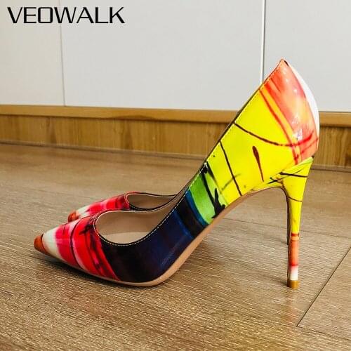Veowalk Women Pattern Print Patent Pointy Toe Stiletto Pumps Cute High Heels Plus Size 33-45 Ladies Gorgeous Party Dress Shoes