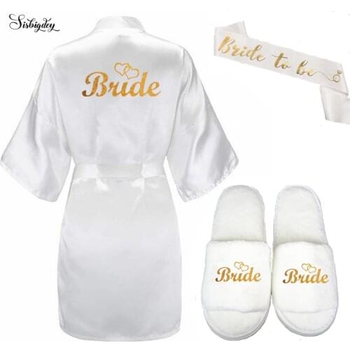 Sisbigdey 3pc set of glitter gold bride satin short bride robe slippers bridal sash peignoir women Bridal Party 2019 kimono robe