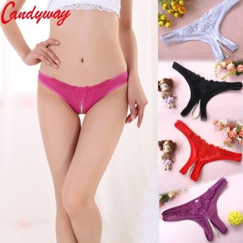 Women Floral Open Crotch Underwear Bead Decoration Lace Shorts Briefs Transparent Lingerie Sexy Female Panties Underwear