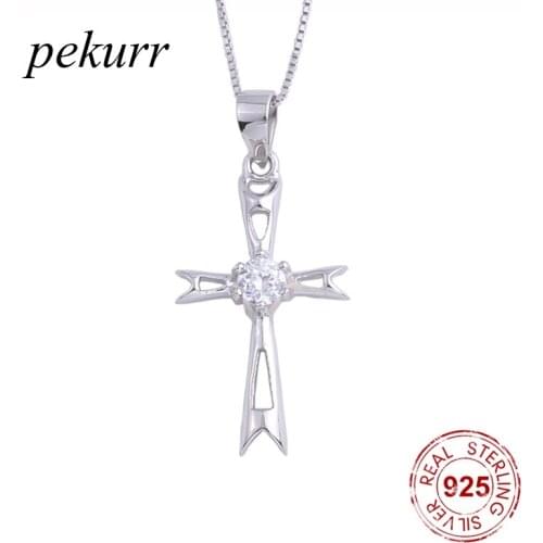Pekurr 925 Sterling Silver Big Hollow Cross Female Pendants Zircon Core Necklaces For Women Long Chain Collar Fashion Jewelry