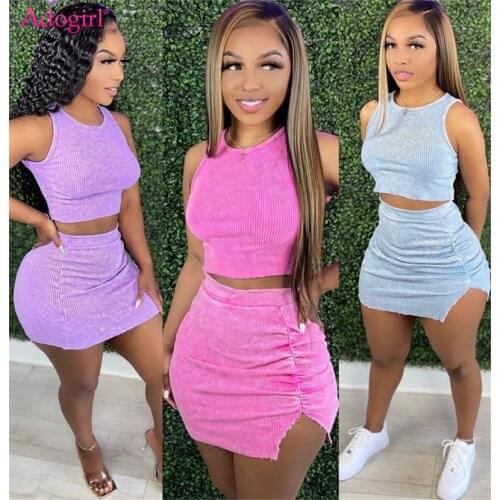 Adogirl Women Solid Ribbed Two Piece Set Dress Sleeveless Vest Crop Top Pleated Split Bodycon Mini Skirt Fashion Casual Suit