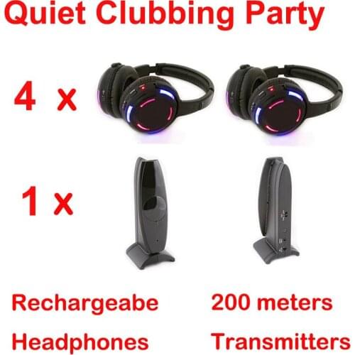 Silent Disco compete system black led wireless headphones - Quiet Clubbing Party Bundle (4 Headphones + 1 Transmitters)