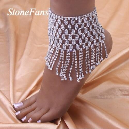 Stonefans 1pcs Charm Long Tassel Anklet Beach Foot Chain Jewelry Bohemian Shiny Rhinestone Anklet Bracelet Wholesale for Women