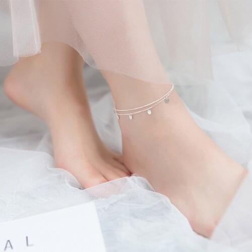 925 Sterling Silver Round Tassel Double Layer Chain Anklets For Women Accessories Girl Leg Bracelet Ankle Sandals Foot Jewelry