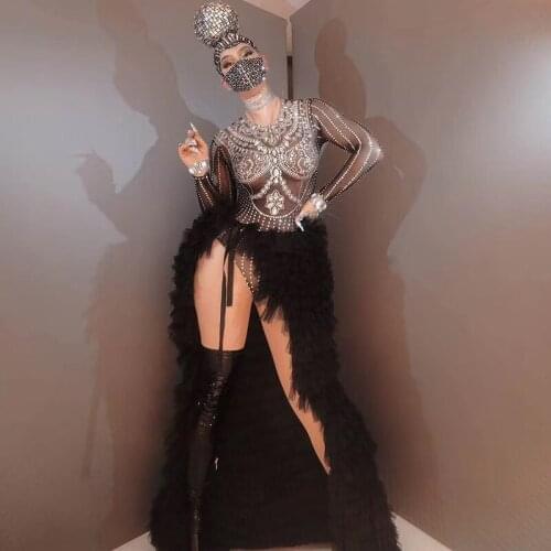 Shiny Silver Rhinestone Transparent Black Bodysuit Long Tail Skirt Dance Costume Prom Party Singer Nightclub Stage Show Costume