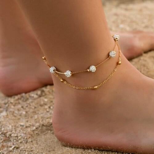 Double-Layer Rhinestone Balls Chains Beach Copper Golden Silver Plated Foot Ankle Bracelets Anklets for Women
