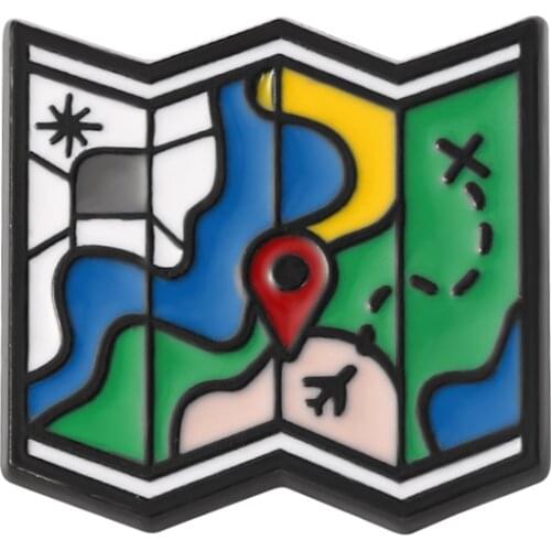 Tourist Map Destination Enamel Lapel Brooch Folding Map Plane Line Fashion Collar Badge Go Out to Travel Cloths Badge Jewelry