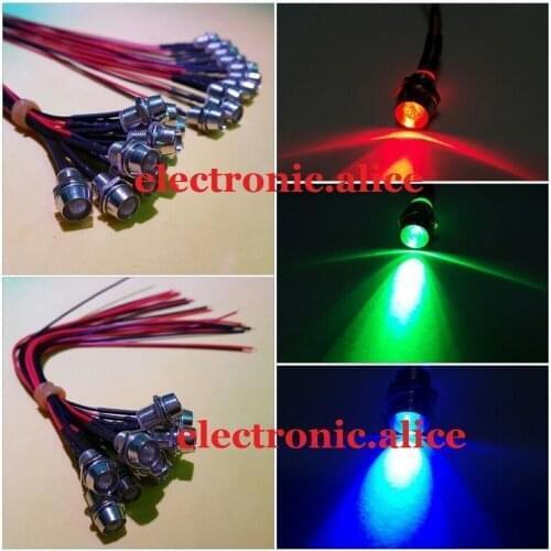 Hot 10-100pcs 5mm 12V colorful pre-wired LED Metal Indicator Pilot Dash Light Lamp Wire Leads New