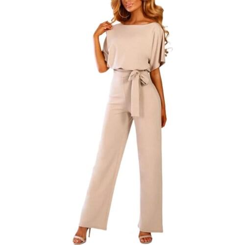 Summer Female Jumpsuit Lace Up High Waist Elegant Women Solid Color Straight Leg Romper for Work Casual Loose Jumpsuit for Daily