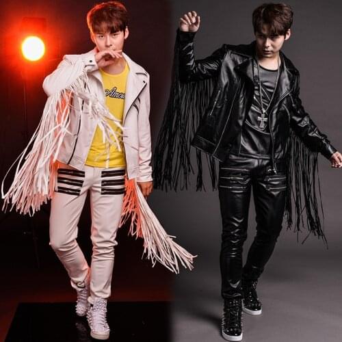 Nightclub bar male singer drums club DJ performance clothing set Personality Tassel handsome cool leather jacket and pants