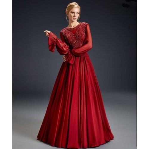 Evening Dress Burgundy Long Sleeve A-Line Lace Appliques Satin O-Neck Unique Design Red Wine Women Party Formal Gown Crystal