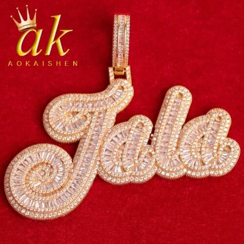 Custom Baguette Cursive Letter Pendant Micro Paved CZ Personalized Hip Hop Rock Jewelry