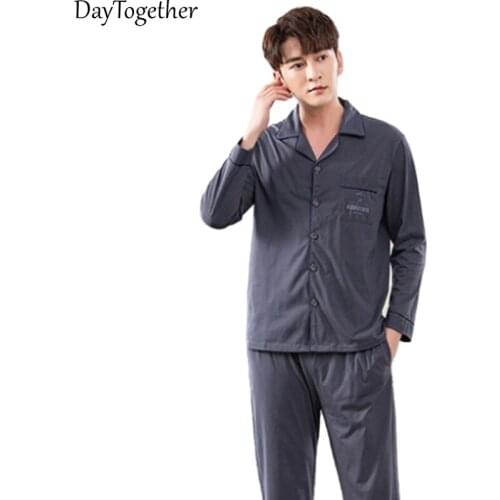 Summer Cotton Pajama Sets for Men Long Sleeve Long Pants Sleepwear Pyjama Male Homewear Lounge Wear Clothes