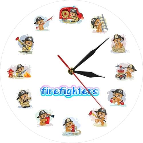 Cute Cartoon Firefighter Characters Wall Clock Fire Fighter Hero Lovely Bear Fireman With Rescue Equipment Nursery Wall Decor