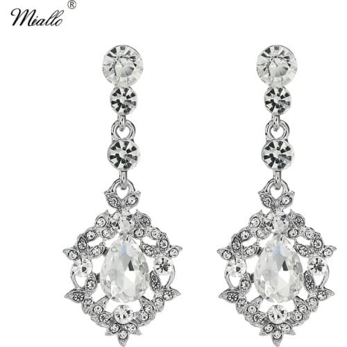 Miallo Fashion Water Drop Flower Long Dangle Earrings Women Wedding Jewelry Bridal Bride Bridesmaids Crystal Drop Earrings