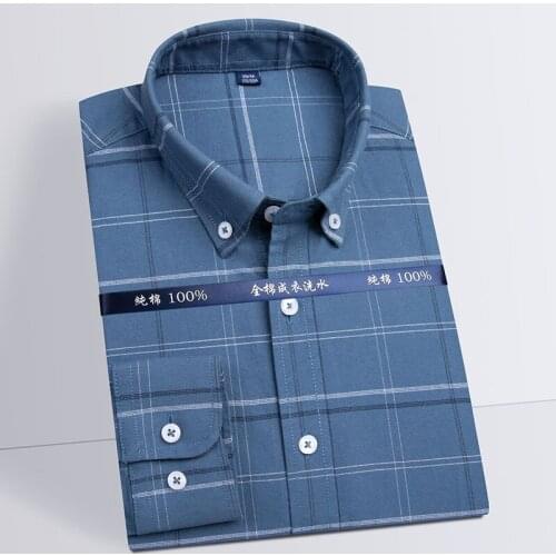 Mens Plaid Shirts Casual 100%Cotton Oxford Button Up Shirt for Male Long Sleeve Regular Fit Plain Striped Mans Clothing New