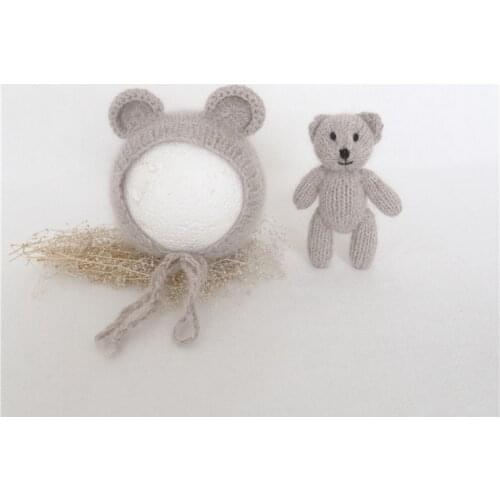 Handknitted Grey Bear Hat Set for Newborns Crochet Stuffed Teddy Bear Toy Lovely Mini Animal Posing Doll New born Photography