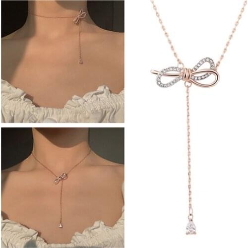 High Grade Crystal Bowknot Pendant Necklace Women Choker Bijou Fashion Silver Plated Chain Clavicle Necklaces For Lady Gift