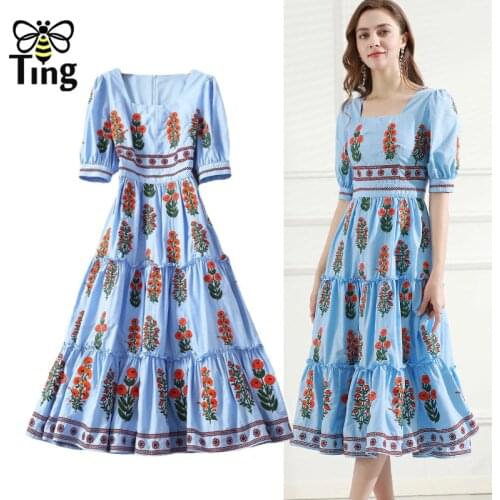 Tingfly Women Fashion Floral Printing Retro Square Collar Midi Long Dress Lady Summer Casual Dress Vestidos Trendy Robes Zaful