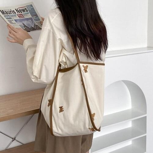 Yeqofcd Simplicity Cute Bear Embroidery Shoulder Bags College Style Canvas Tote Open Design Shopping Bag Female Cotton Handbags