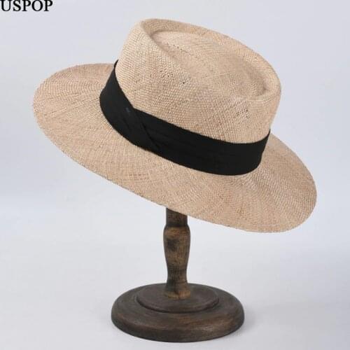 USPOP 2020 high-end straw hats women wide brim sun hats flat brim Concave top straw beach hat couple summer straw hats