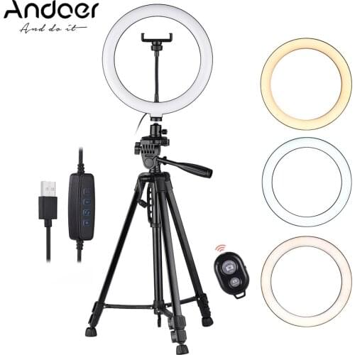 Andoer 10inch LED Ring Light with Tripod Stand Phone Holder Remote Shutter 2800K-5700K Dimmable for Makeup Selfie Live Streaming
