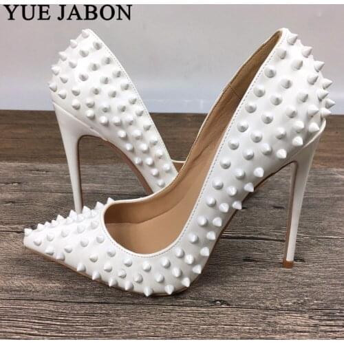 Pointed Toe White PU high heels patent exclusive brand needle rivet shallow mouth pumps wave 8/10/12cm heels Party Wedding Shoes