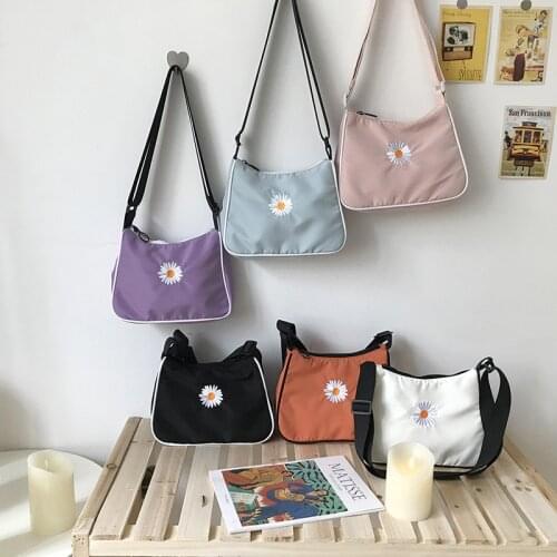Women Small Crossbody Bag Daisy Embroidery Handbag Ladies' Vintage Shoulder Bag Zipper Half Moon Bags Waterproof Cloth Purse