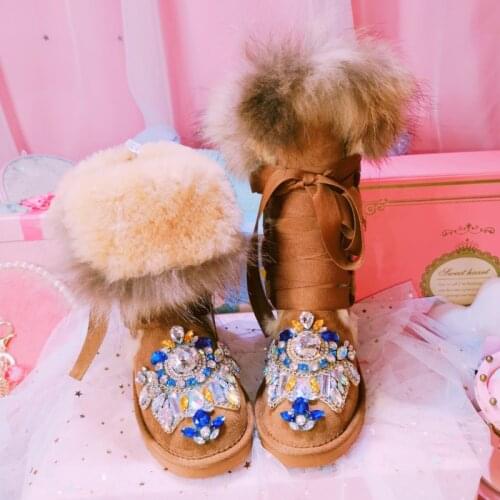 Womens Round Toe Rhinestones Crystal Real Fox Big Fur Mid Calf Boots Lace Up Warm Winter Snow Thick Shoes DIY New 2021