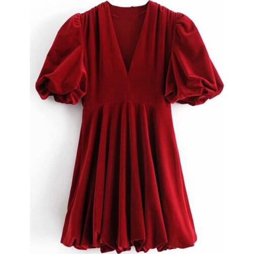 2021 New Fashion Sweet Red Velvet Mini Dress Woman Short Sleeve Sexy Dress Deep V-neck Girls Vestidos Lantern Sleeve Chic Cloth