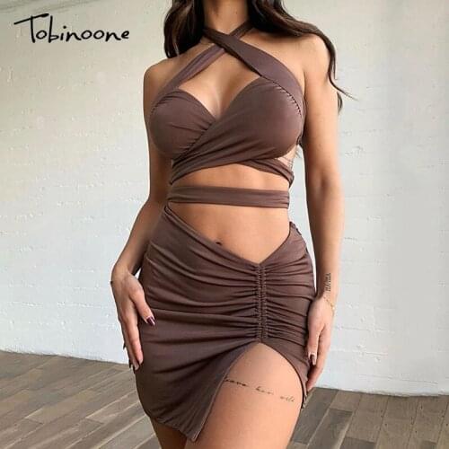 Tobinoone Solid Halter Hollow Out Mini Dresses For Women Sexy Backless Ruched Bodycon Dress Sleeveless Club Party Vestidos 2021