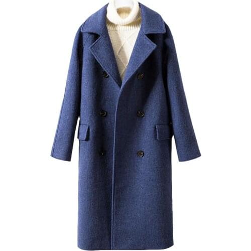 2019 Autumn winter new women XXL-5XL straight Slim thin double-breasted coat Female long thick woolen smog blue woolen coat W96