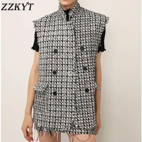 ZZKYT 2021 Women Autumn Vintage Tweed Pockets Suit Tank Top Fashion O-Neck Sleeveless Double Breasted Female Vest Chic Tops