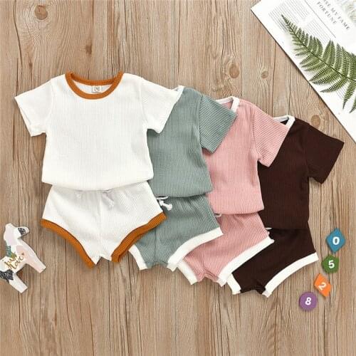 2pcs/Set Baby Girls Clothing Set O Neck Pullover Short Sleeves Tops Lace Up Shorts Pants Solid Infant Summer Clothes 4 Colors