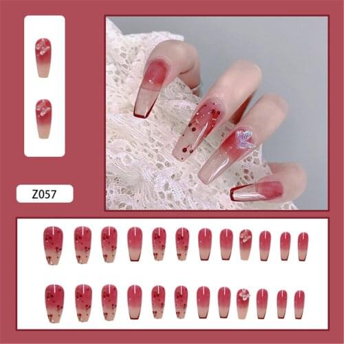 24pcs Cherry Red Wear Long Paragraph Fashion Manicure Patch False Nails Save Time Wearable Nail Patch SK88