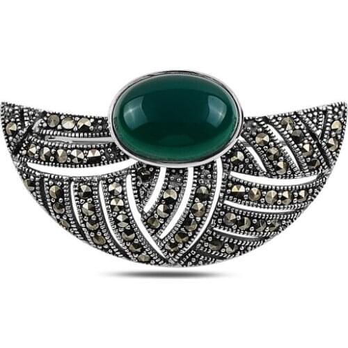 Silver 925 Sterling Natural Stone & Marcasite Gemstone Brooch
