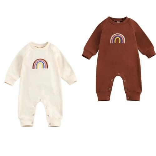 Newborn Baby Girl Boy Rainbow Embroidered Romper Jumpsuit Crewneck Long Sleeve Playsuit 1 Piece Outfit Fall Childrens Clothing