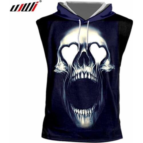 UJWI Black Tshirts Men New Summer Top 3D Print Metal Skull Hooded Sleeveless T-shirt Man Hip Hop Outfits O Neck Sleeveless Hoody