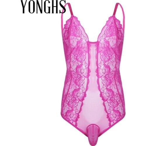 Mens Lingerie Sheer Sissy Crossdress Sex Costume Adjustable Spaghetti Strap Lace Black Sissy Pouch Bodysuit Nightwear Sleepwear