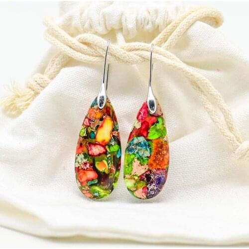 SS21 4Unik Exclusive Teardrop Women Jasper GemStone Drop Earrings Exquisite Lady Classic Elegant Jewelry Gifts Dropship 4UN-E011