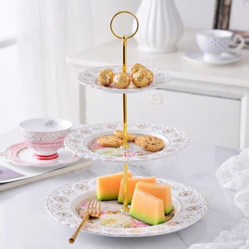 Ceramic Pattern Three-layer Fruit Plate Dessert Plate Cake Stand Cake Decoratingtool Home Candy Tray Dessert Tray European Style