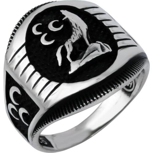 Solid 925 Sterling Silver Bozkurt 3 Crescent Gray Wolf Mens Ring
