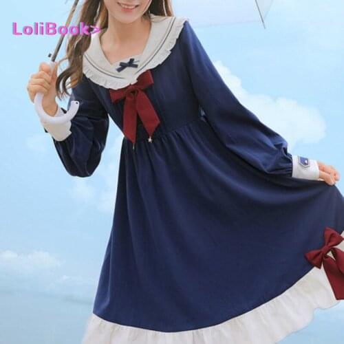 Lolibook Japanese Women Preppy Style Sailor Collar Jk Uniform Long Sleeve Dress Student Sweet Bowknot Ruffles Lolita Dress