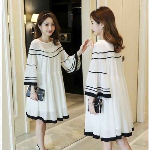 6004 2018 spring new pure color lotus leaf edge seven minute sleeve round collar loose trumpet sleeve pregnant woman skirt
